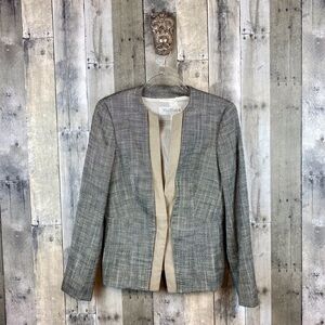 Max Mara Tweed Leather Trim Tie Waist Blazer in Grey Multi Size 10.